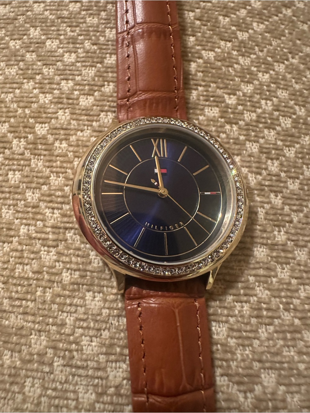 Tommy Hilfiger Black/Blue Dial Watch with Brown Leather Strap and Crystal Bezel